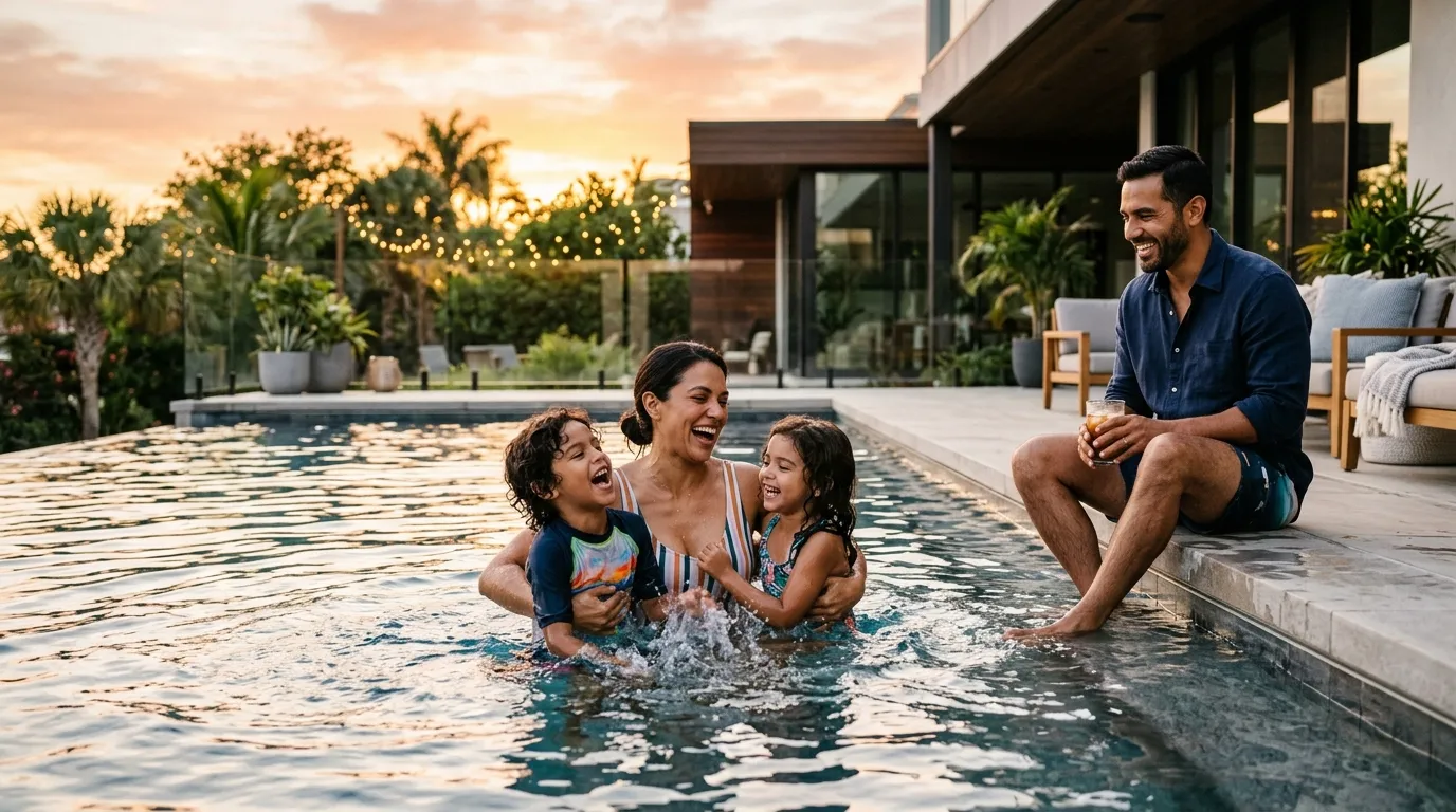 Familia disfrutando su alberca residencial al atardecer