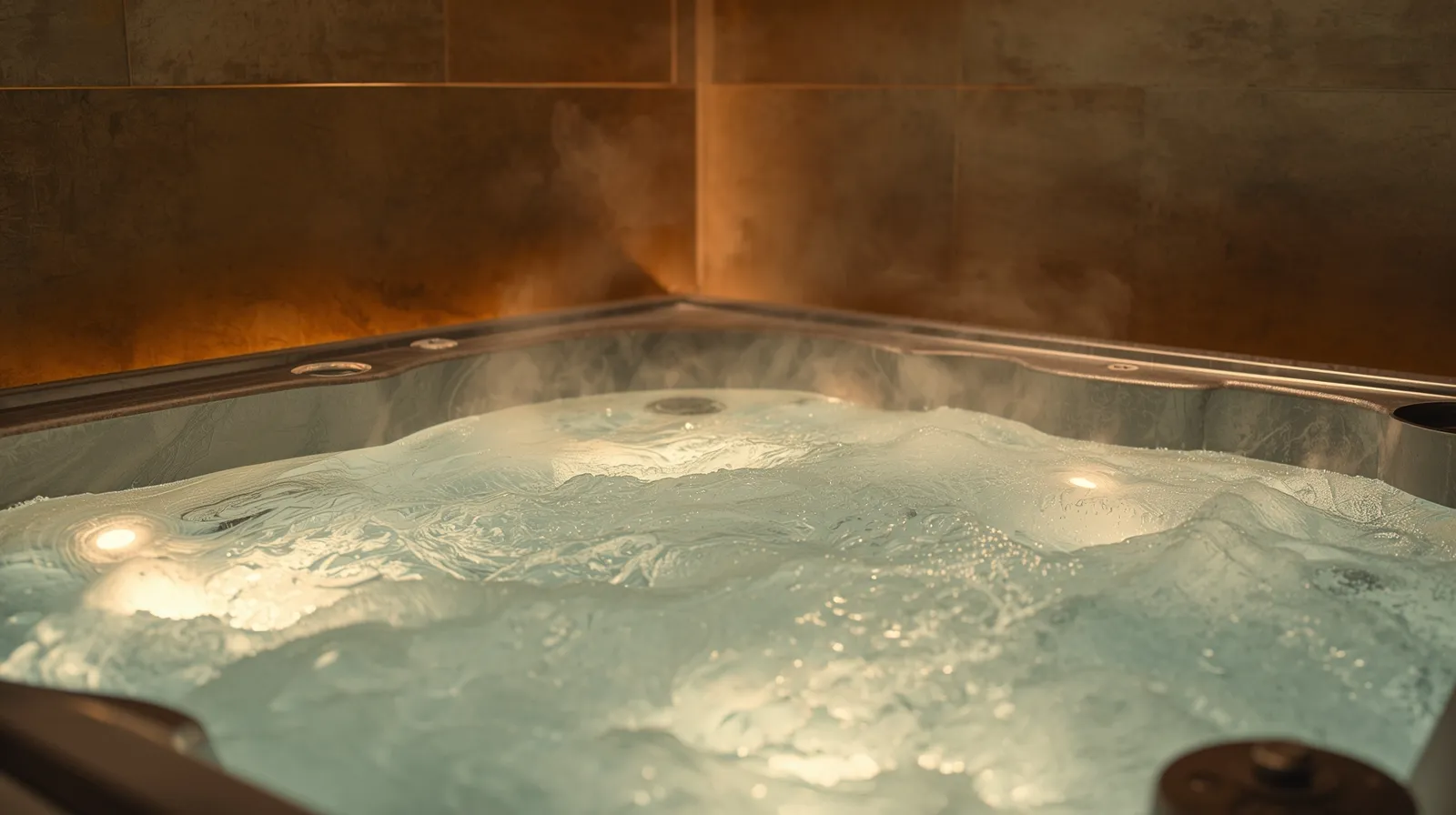 Jacuzzi a medida con agua caliente y burbujeante e iluminación cálida