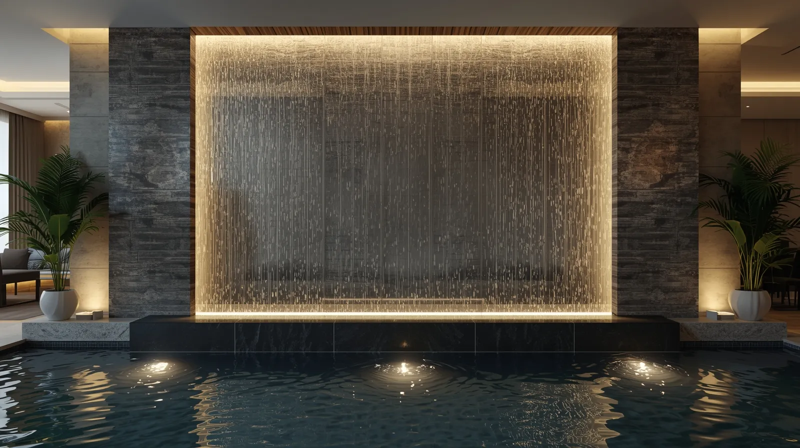 Muro húmedo iluminado con cascada de agua sobre una alberca interior